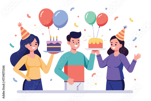 Group of happy people celebrating birthday party with cake and balloons birthday party with friends concept celebration time