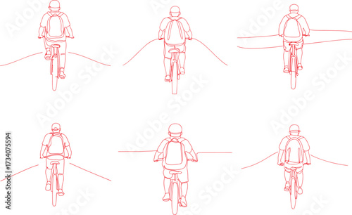 Person riding a bicycle from behind wearing a backpack and helmet and creativity continuous line drawing