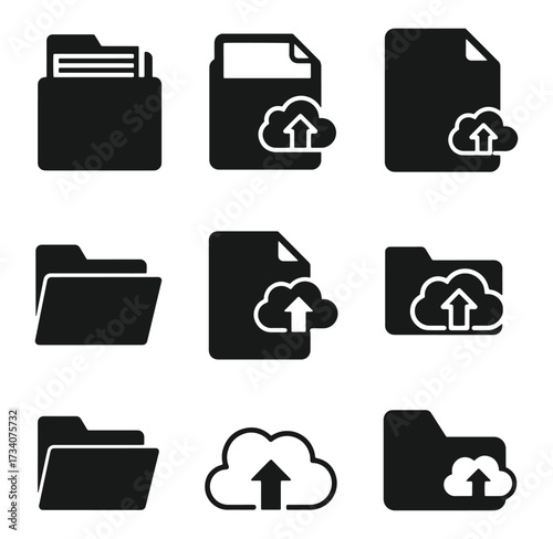 Collection of cloud upload and file management icons for digital data transfer and storage