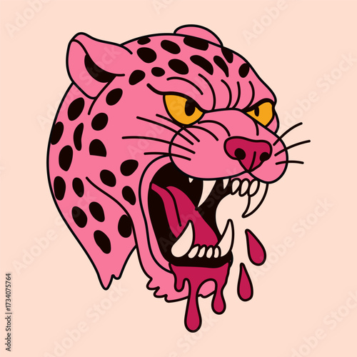 Angry Leopard Head with Fangs and Dripping Blood