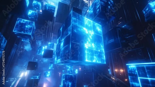 Abstract data flow network with glowing blue cubes pulsing energy animation