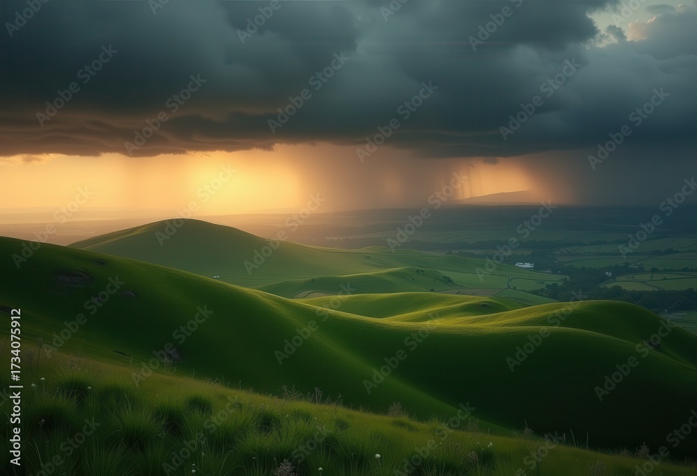 Obraz premium Imposing Storm Clouds Over Lush Rolling Hills Dramatic Sky Natural Landscape