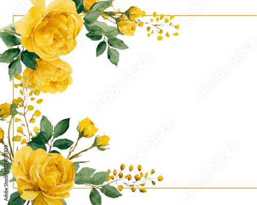 Beautiful yellow rose flower frame border with green leaf for card