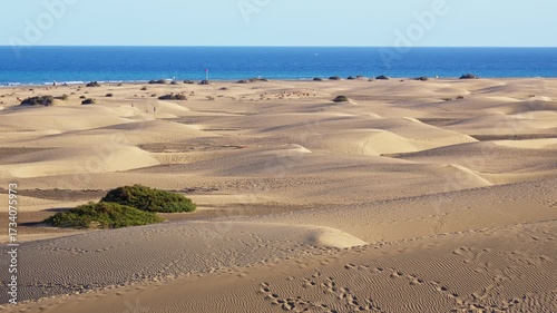Expansive sand dunes meet the ocean under clear sky