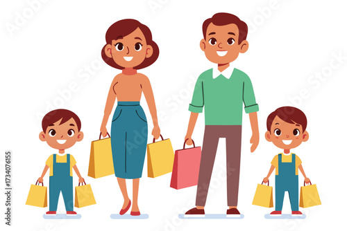 Happy family with two children shopping together, carrying shopping bags isolated on white background vector illustration