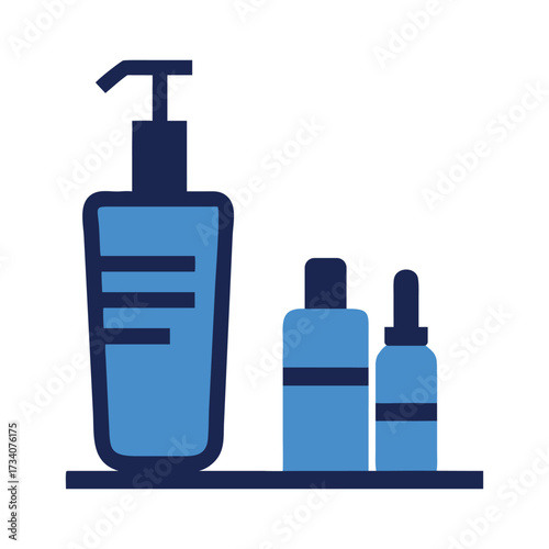 Blue skincare bottles with pump and dropper on shelf beauty product