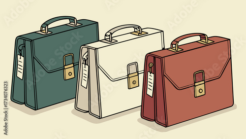 Collection of business briefcases in different colors. Modern graphic design showing three classic office bags for work, travel, or career success. Briefcase illustration for finance or law concept.