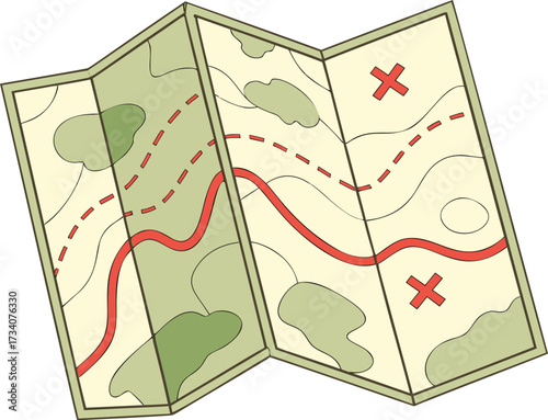 Folded map illustration with waterways and green areas, cartoon treasure map with red route lines. Adventure discovery graphic for geographical travel design.