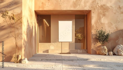 Modern building entrance with a blank poster mockup on a stand, set against a beige stucco wall in golden light.