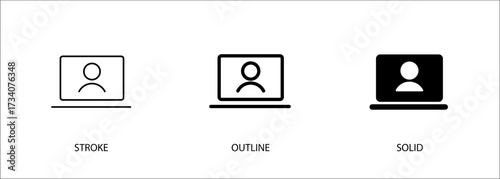 Laptop icon with people for account, computer, connection, communication. Editable vector stroke icon, outline and solid. Eps10 file.
