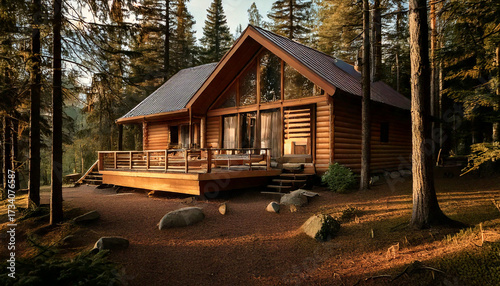 Maison en bois dans une forêt de pins, cabane de vacances, en fin de journée