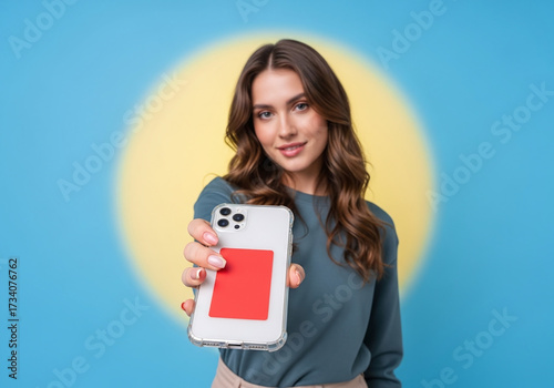 Cheerful woman presents mobile phone with red card for contactless payment against bright background, showcasing effortless financial transactions and modern tech