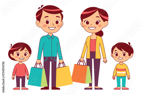 Happy family with shopping bags isolated on white background, parents and children shopping, family shopping vector illustration