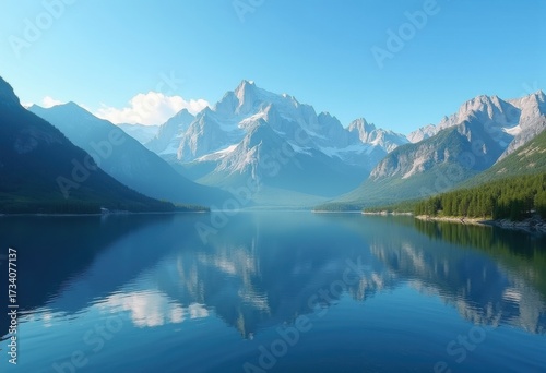Majestic Mountain Reflection on Mirror-like Lake Under Bright Blue Sky with Lush Greenery Surrounding