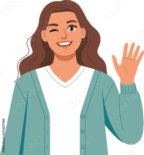 Cartoon woman winking and waving in teal cardigan, smiling character illustration isolated on white background for greeting and communication concept