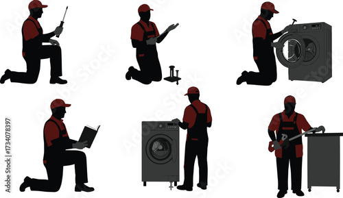 Technician repairing appliances, washing machine maintenance, plumbing repair, handyman with tools, wrench, screwdriver, and instruction manual vector silhouette illustration