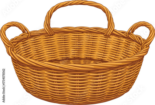 Cartoon woven basket illustration with three handles in natural fiber texture isolated on white background for storage, decor, and design use