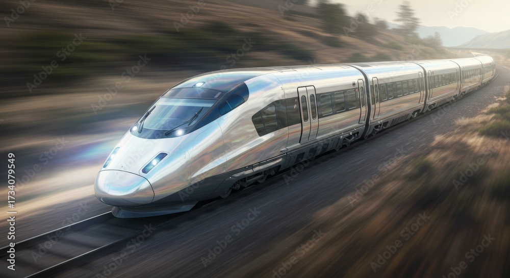 Fototapeta premium High speed train on track through landscape transportation technology concept transportation system