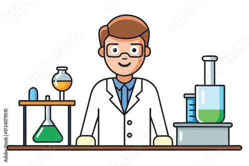 A cheerful scientist surrounded by lab equipment conducts experiments, representing the world of scientific discovery and innovation