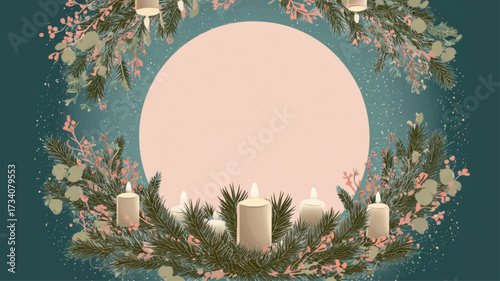 Advent wreath with glowing pink candles on evergreen branches creating festive holiday atmosphere for St. Nicholas Day celebration.