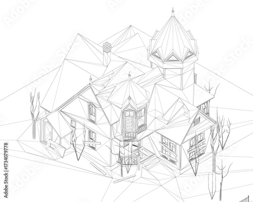 Abandoned house with clock tower in wireframe drawing style, surrounded by trees on a white background.