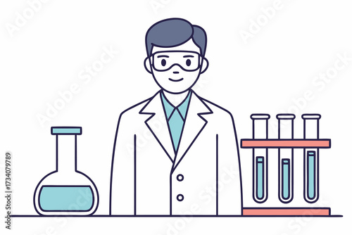 A scientist in a lab coat stands confidently amidst beakers and test tubes, symbolizing scientific research isolated on white background