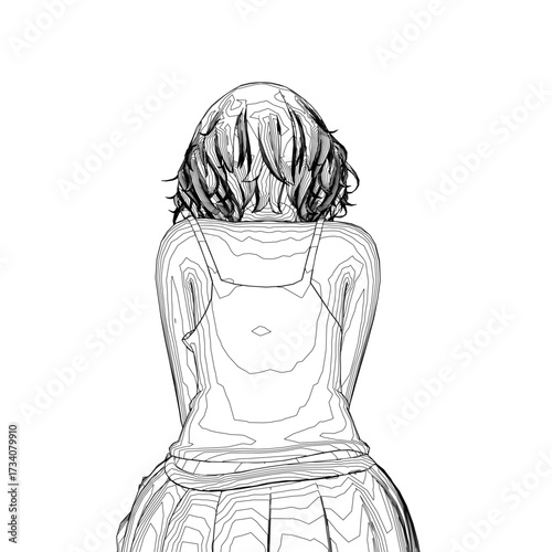 A girl's back is shown in a black and white contour drawing, featuring an intricate dress against a stark white background.
