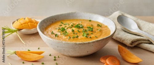 Bright orange mango and carrot cream soup in a ceramic bowl, garnished with herbs.