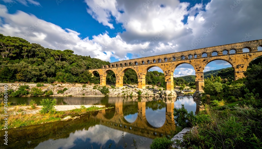 Fototapeta premium Scenic view of an ancient aqueduct bridge over a calm river reflecting the sky