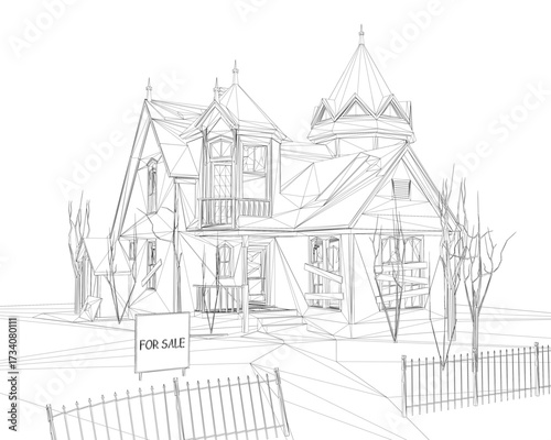 An abandoned house wireframe drawing with a for sale sign stands among trees and a fence. The detailed sketch is isolated on a white background.