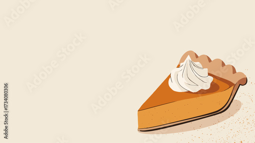 Traditional thanksgiving pumpkin pie slice with whipped cream topping on rustic background, cozy holiday dessert vector illustration.