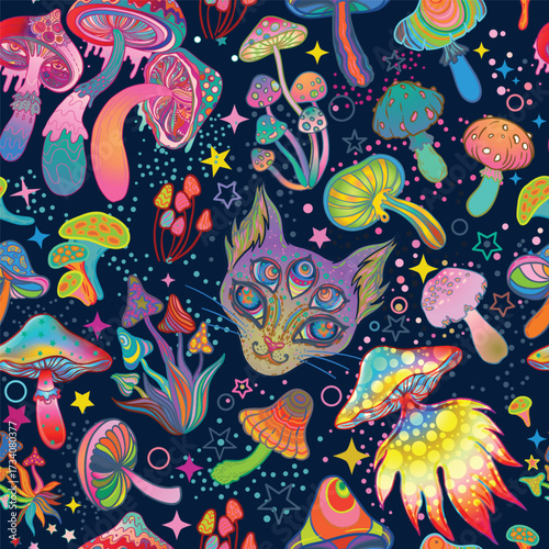 Magic mushrooms and galaxy cat seamless pattern. Psychedelic 60s hippie colorful art. Vintage psychedelic textile, fabric, wrapping, wallpaper. Vector repeating illustration.