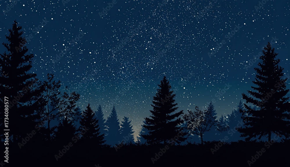 Naklejka premium Dark silhouettes of trees against a star-studded night sky