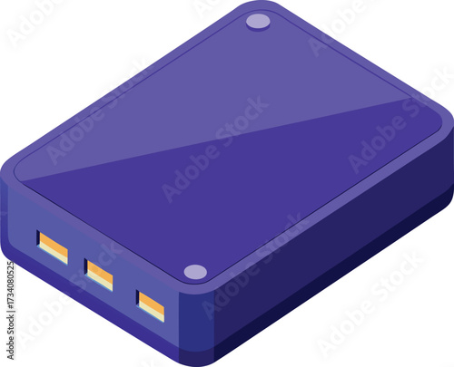 Isometric purple portable power bank with three icon isolated on white transparent background vector eps png jpg business people clipping path cutout 2025 2026 4k full hd poster banner label download