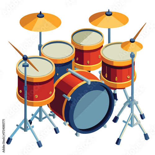 Red and blue drum set with yellow cymbals and icon isolated on white transparent background vector eps png jpg business people clipping path cutout 2025 2026 4k full hd poster banner label download