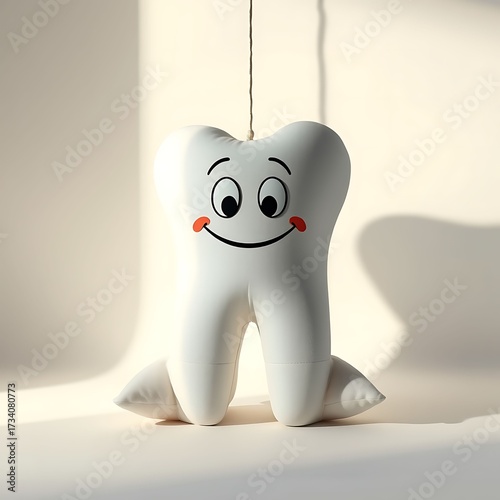 Happy Cartoon Tooth Mascot Character Hanging by a String in a Bright, Minimalist Studio
