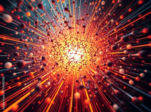 Abstract Atom Particle Explosion with Dynamic Orange Light Trails and Central Energy Core