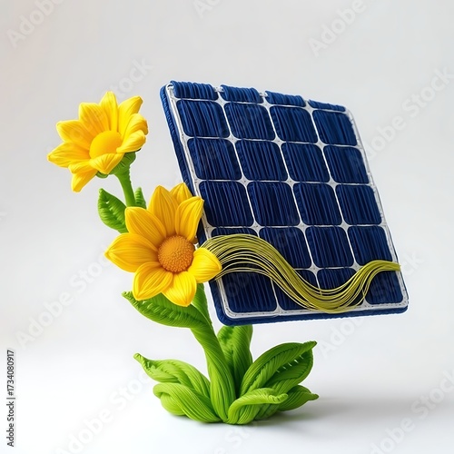 Conceptual Solar Panel and Yellow Flowers Made of Clay Illustrating Sustainable Green Energy
