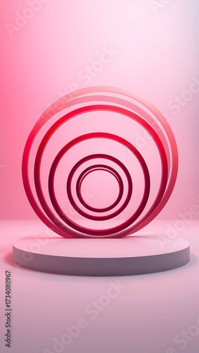 Vertical 3D Render of Concentric Red Rings on Minimalist White Cylinder Product Pedestal Stage