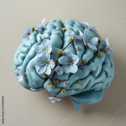 Minimalist Conceptual Image of Blue Brain Model with Delicate Flowers and Growing Vines