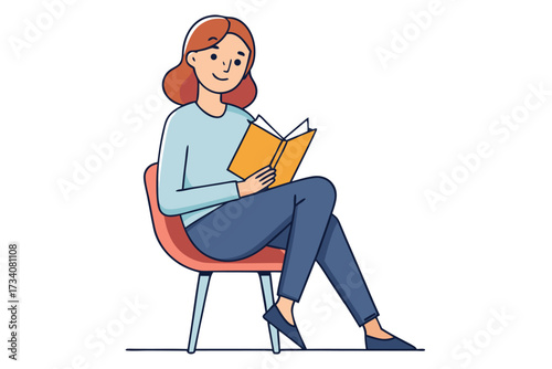 A woman with long red hair is sitting in a chair and reading a book isolated on white background she looks focused and interested