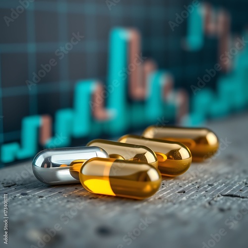 Conceptual 3D Render of Gold Pills and Silver Capsule with Financial Stock Market Chart