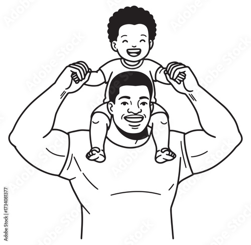 Father carrying his son on his shoulders expressing love and happiness in a linear illustration.