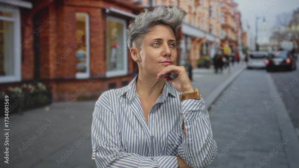 Fototapeta premium Woman with short hair resting her hand on chin on urban street in front of brick building; serenity.