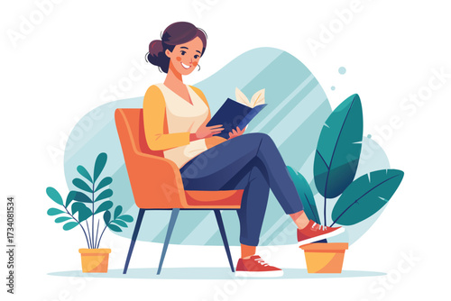 A woman is sitting on a chair and reading a book she is smiling and enjoying her time reading isolated on white background
