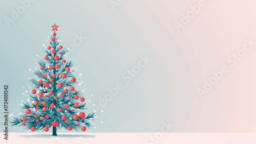 Festive Christmas tree with glowing red baubles and star topper on snowy background, perfect holiday seasonal greeting presentation design.