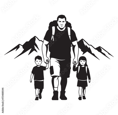 Father leads children on a hiking adventure against mountain backdrop in black and white