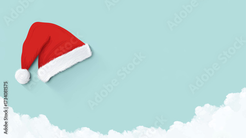 Traditional red Santa hat resting on fluffy snowy background with pastel sky, festive minimalist Christmas greeting card design illustration.
