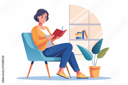 A woman is sitting on a chair and reading a book near the window, enjoying her leisure time isolated on white background