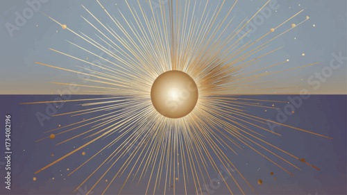 Radiant golden sun with long glowing beams rising on horizon, symbolizing Yule, winter solstice, and celestial rebirth.